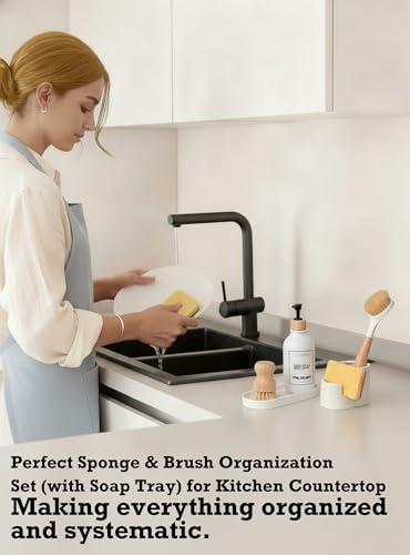 3 in 1 Ceramic Sponge&Brush Holder and Soap Tray Set, Leak-Proof Design to Keep Countertops Dry, Flexible Modular Placement, Modern Minimal Sink Organizer for Kitchen & Bathroom Countertop, White - size: L-Shape-Set