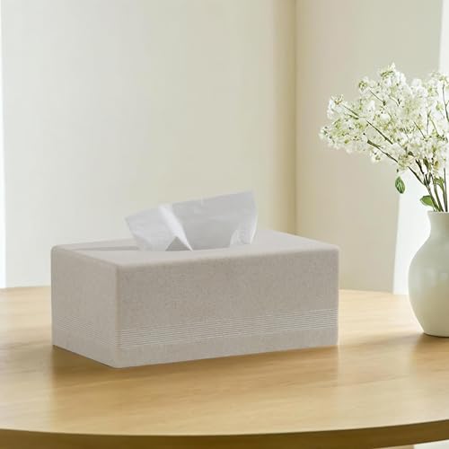 Tissue Box Cover Rectangle, Sandstone Look, Simple Stripe, Beige | Resin, Facial Tissues Holder Covers Rectangular, Paper Holder for Bathroom Kitchen Bedroom Living Room Office Hotel Cafe Bar - color: Beige - Rectangle