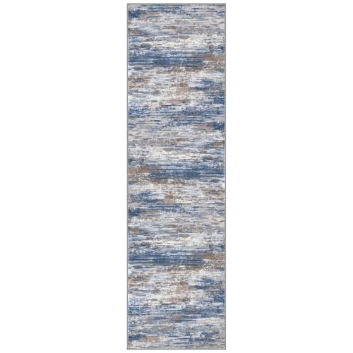 KOZYFLY Modern Abstract Washable Rug Runner 2x7 Hallway Runner Rug Non-Slip Soft Kitchen Runner Rugs, Print Blue Rust Striped Carpet Runner for Entryway Bathroom Laundry Room Foyer - color: Blue Rust White, size: 2' x 7' (Runner)