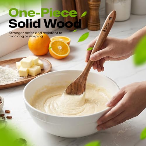 Wooden Salad Spoon Fork, 2-in-1 Teak Wood Cooking Utensil, Long Handle Non-Stick Safe Pasta Server for Mixing Tossing Serving Salad Pasta and Fruits