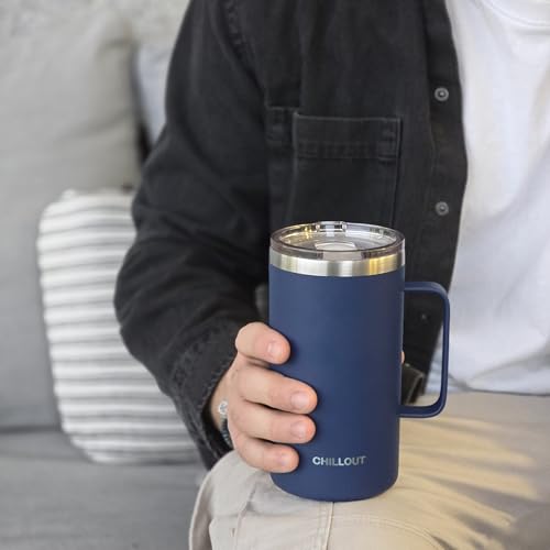 CHILLOUT LIFE Stainless Steel Vacuum Insulated Coffee Mug 20 oz (Set of 2) with Handle and Lid, Large Thermal Camping Coffee Mugs with Sliding Lid for Men & Women, Keeps Your Beverages Hot & Cold - color: Navy Blue, size: 20 Ounces - 2 Pack
