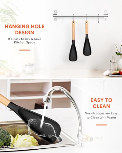 Multifunction Spoon for Nonstick Cookwares, Great for Cooking and Serving, Sturdy BPA-Free Matte Silicone, Wood Handle Spoonula for Mixing, Scoop, and Scrape, Black(2 pack,11.4" & 13.4") - color: Black