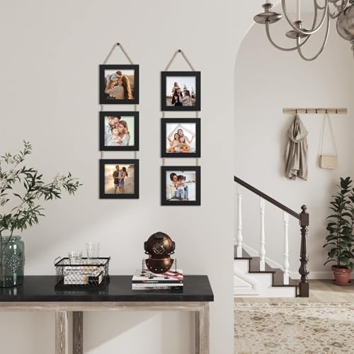6x6 Collage Picture Frames Set of 2, Rustic Wooden Real Glass Vertical Hanging 3 Opening 6 by 6 Photo Frame, Black - color: Black, size: Vertical-6x6 in