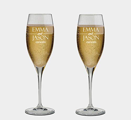 Set of 2 Personalized Wedding Champagne Flutes- Mr and Mrs Design - Engraved Champagne Glasses for Bride and Groom Flutes for Wedding - color: Wedding-06, style: Only Glasses