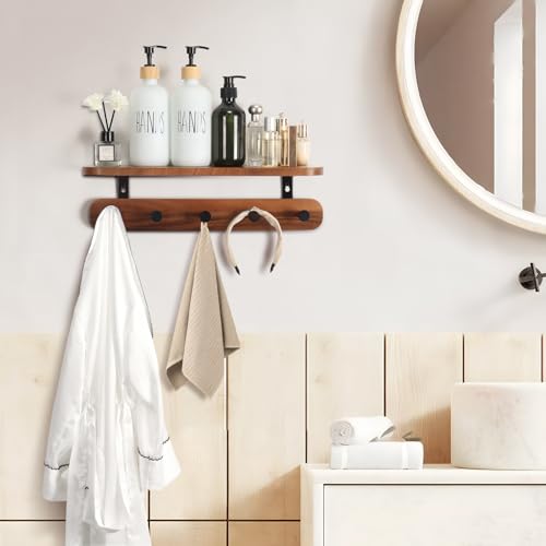 Coat Rack Wall Mount with Shelf, 17" Walnut Wood Wall Shelf with Hooks, Entryway Floating Shelves with 5 Metal Hangers for Coats, Backpacks, Living Room, Bedroom, Bathroom