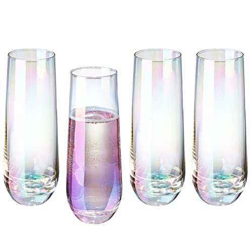 MyGift Set of 4 Iridescent Stemless Champagne Flutes, Rainbow Glasses, 9 oz | Iridescent stemless flutes add colorful sparkle to champagne, prosecco, cocktails and mimosas for holidays, parties or toasts - color: Iridescent