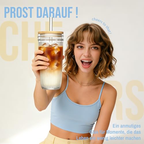 SoulTimes 24oz Mason Jar Drinking & Storage- Ribbed Glass Tumbler with Straw and Lid. Wide Mouth Boba Cups for Ice Coffee, Smoothie, etc. Leakproof and Reusable Food Container For Travel To Go 【4 Pcs】