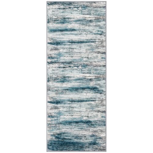 KOZYFLY Modern Hallway Runner Rug 2x5 Washable Kitchen Runner Rugs Blue | Non-Slip, Non-Shedding, Low Pile Soft, Abstract Striped, For Hall Entryway Bathroom Laundry Bedroom Foyer - color: Blue, size: 2' x 5' (Runner)