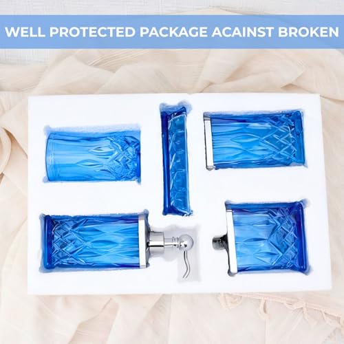 Blue Bathroom Accessories, Square Thick Glass & Metal Pump | Beautiful & weight, 5 pcs soap dispenser, toothbrush holder, soap dish, tumbler & jar, for mission/amish style - style: Square(Blue)