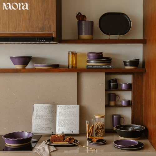 Mora Medium Dishes Set of 4, 35oz Ceramic Pottery Pasta Plate/Wide Bowls - Microwave, Oven and Dishwasher Safe - Night - color: Night