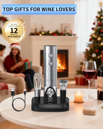 CIRCLE JOY Electric Wine Opener Stainless Steel Rechargeable Automatic Wine Bottle Opener Set 7-in-1 Wine Gifts for Wine Lovers with Charging Base, Foil Cutter, Wine Aerator Pourer & 2 Vacuum Stoppers - color: 7-in-1 Silver