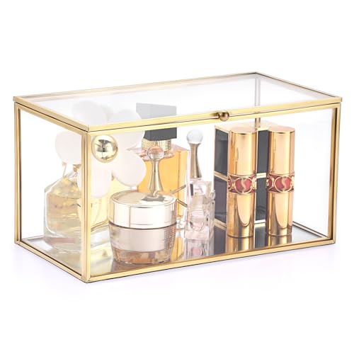 Hipiwe Gold Glass Decorative Boxes Rectangular Keepsake Shadow Box with Lid | Mini Garden Jewelry Display Case Vanity Lidded Boxes for Wedding Cards, Trinkets, Photos & Perfume - 8.3"x4.3"x4.3"