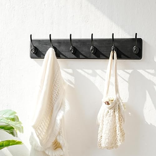 Coat Rack Wall: 24" Long, Patented, Heavy-Duty, 6-Double-Hooks Wooden Wall Mounted Coat Rack Coat Hanger Hook Rail for Winter Coats Hat Jacket Clothing, Black - color: Black, size: L=24"(1pcs)