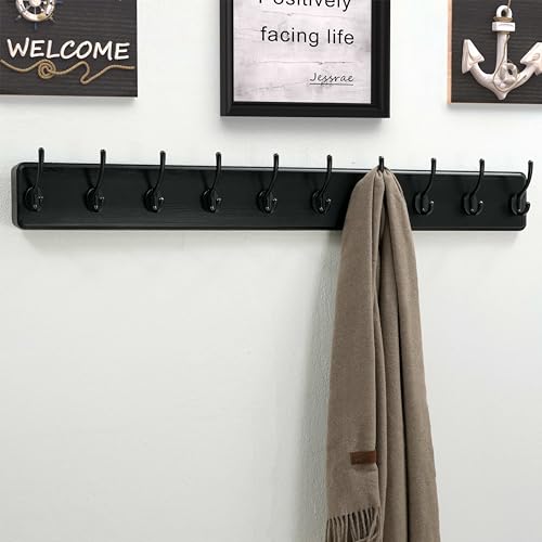 Coat Rack Wall: 38-1/4" Long, Patented, Heavy-Duty, 10-Double-Hooks Wooden Wall Mounted Coat Rack Coat Hanger Hook Rail for Winter Coats Hat Jacket Clothing, Black - color: Black, size: L=38.3"(1pcs)