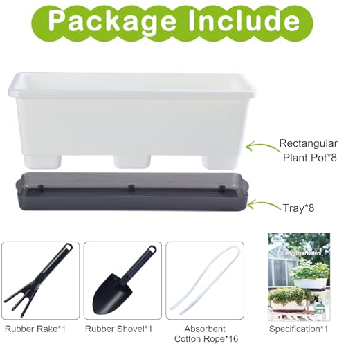 Window Box Planter 8 Pcs, 17 Inches Rectangle Flower Pots with Drainage Holes & Trays, Vegetable Planters for Windowsill Patio Garden Balcony Home Indoor Outdoor (White, 16 * 7 * 6 inch) - color: White