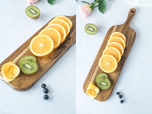 BILL.F Acacia Wood Cutting Board with Handle Small Size Long Wooden Charcuterie Board Paddle Cheese Board Serving Boards for Kitchen Meat, Pizza,Cheese, Bread, Vegetables &Fruits 16'' x 4.7'' x 0.6'' - style: Small