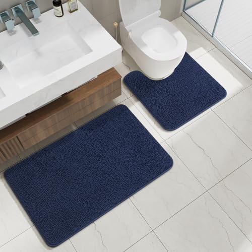 Bathroom Rug Sets 2 Piece, 20"x20" U-Shaped & 21"×34", Navy Blue | Toilet Mat Non Slip Bath Mats Floor Set, Washable Bath Rug Set, Absorbent Soft Bathroom Rug - color: Navy Blue
