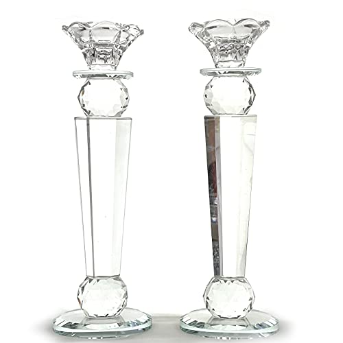 Allgala Set of 2 Crystal Glass Made Reverse Tapered Pillar and Hand Crafted Ball Candlesticks-10-HD89152 - size: 2 PC (10")
