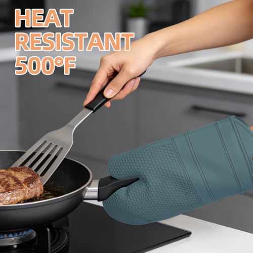 YUTAT Silicone Oven Mitts,Heat Resistant 500F Kitchen Mitts 2PCS,Waterproof Cooking Gloves with Soft Polyester Filling for Kitchen Cooking Baking BBQ - Agave - color: Agave-honeycomb Surface, size: 13“L x 7"W-2 Piece