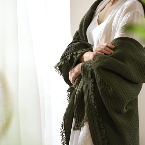 MooMee 100% Cotton Muslin Blanket Fringed 4-Layer Gauze Bed Throw, Queen | Soft Breathable Lightweight Thin Coverlet Summer Blankets for Adults, Bed & Couch All Seasons, Olive Green, 90" x 90" - color: Olive Green, size: Queen