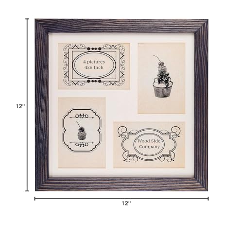 Rustic Solid Wood Square Collage Photo Frame 12x12 inch – Display Four (4) 4x6 inch Pictures with Mat Wall Tabletop - Dark Grey - color: Dark Grey