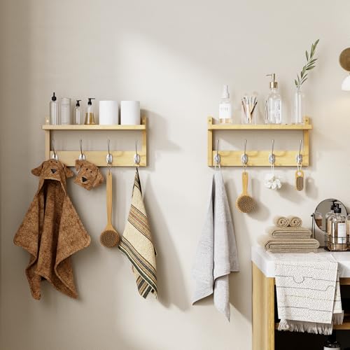 STELLSTAR Coat Rack with Shelf, 2 Pack Bamboo Wall-Mounted Coat Hanger with 8 Hooks for Entryway, Hallway, Kitchen, Bathroom, Living Room, Utility Room (Natural) - color: Natural