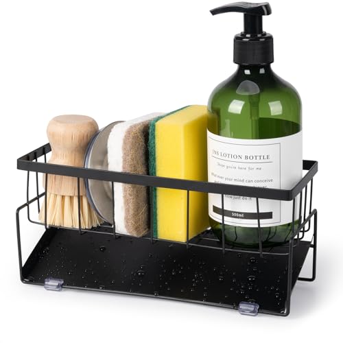 Kitchen Sink Caddy Countertop, 9.06" Rust-Proof Metal Sponge Holder for Kitchen Sink Counter,Drainage Caddy for Countertop with Angled Tray (Black)