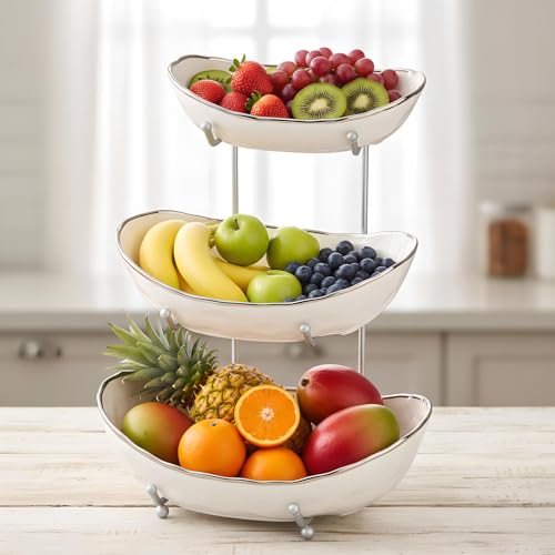 White Fruit Bowl with Silver Metal Stand, 3 Tier Modern Ceramic Fruit Bowl Fruit Rack for Kitchen Counter, Tiered Fruit Basket for Snacks Bread Candy Storage (White B,3 Tier) - color: White B,3 Tier