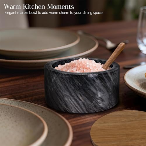 Marble Salt Cellar with Lid & Spoon, Salt Container, Salt Holder | Acacia Wood Lid, Wide Base with Non-Skid Feet, Moisture Proof Spice Cellars Keeps Salt, Pepper & Spices Dry, 6 oz (Grey) - color: Grey