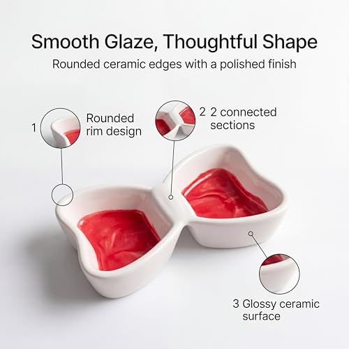Ceramic Sauce Dishes, 2-Compartment, 2-Pack, Red | Butterfly bowls keep dips in separate wells; 3 oz capacity suits sushi, snacks, appetizers, condiments, and individual sides. - color: Red