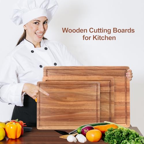 Solid Acacia Wood Cutting Board Set of 3 Wooden Charcuterie Boards Set | Hardwood Meat Chopping Board Butcher Blocks Safe Non Toxic Large Cutting Boards for Kitchen Decor Bread Serving Cheese Board - size: 3 Pcs (16"&13"&11")