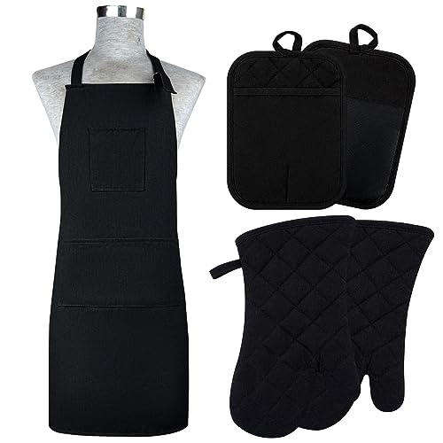 Oven Mitts and Pot Holders with Cooking Apron Set of 5, Heat Resistant Kitchen Gloves and Silicone Non-Slip Potholders, Adjustable Neck Buckle Chef Apron, Cotton Nice Design for Cooking (Black)… - color: Black