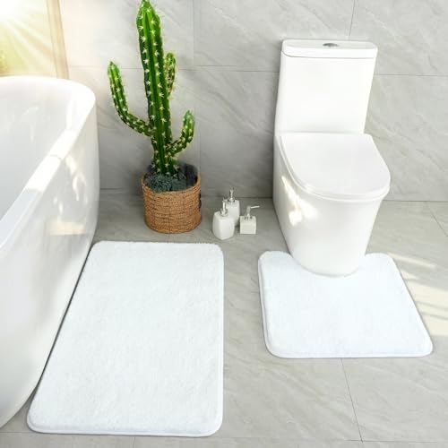 White Bathroom Rug Set 2 Piece Bath Mat 21x34'' &U Shape Toilet Rug 21x21'' | Absorbent,Washable,Non Slip Bathroom Rugs Sets,Contour Mat for Toilet - color: White