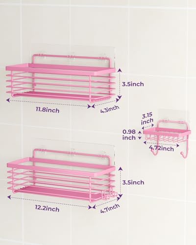 Shower Caddy Adhesive 3 Pack Stainless Steel Storage Organizers-Pink | No drilling wall mounted,rust-resistant,large capacity,quick drainage,easy to clean,suitable for bathrooms and kitchens - color: Pink