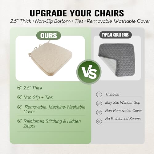 kingphenix Chair Cushions for Dining Chairs, Set of 6, 2.5 Inches Thick | High-Density Foam Kitchen Chair Cushions with Ties, Non-Slip Bottom and Removable Machine-Washable Covers, 17 x 16 in, Beige - color: Beige, size: 6 Count(Pack of 1)