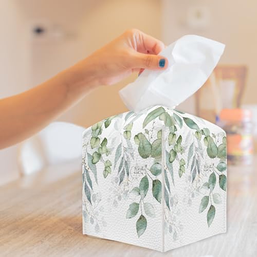 Leaves and Flowers Tissue Box Cover, Floral Leather Tissue Box Holder Square Facial Paper Organizer Dispenser for Bathroom Kitchen Bedroom Vanity Countertop Nightstands - color: Leaves and Flowers