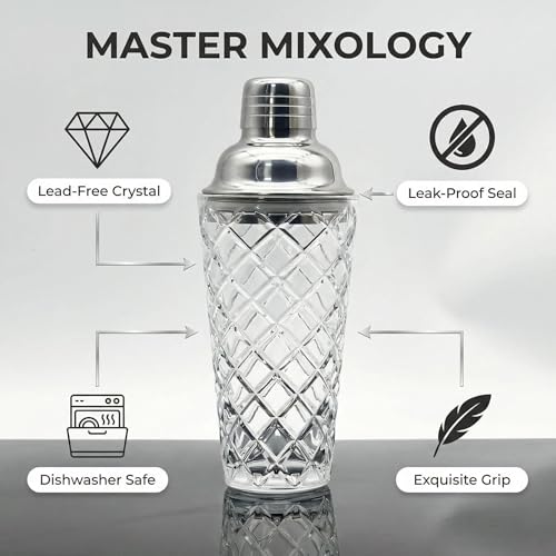 15oz Diamond-Cut Crystal Cocktail Shaker Clear Glass with Polished Stainless Steel Lid - Premium Bar Tool for Home Bartenders - Ideal for Cocktails, Mocktails, and More - color: Geometric Cocktail Tool