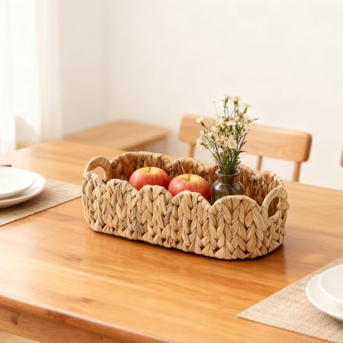 Garvee 2-Pack Scalloped Wicker Basket for Bathroom, Hand-Woven Rattan Toilet Paper Storage Basket with Built-in Handles, Small Decorative Organizer for Countertop, Shelf