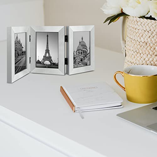 Golden State Art, 4x6 Triple Picture Frame Silver- Real Glass, 1 Pack | Trifold Photo Frame Vertical Display for Desktop - Three Folding Picture Collage - color: Silver, size: 4x6(1 Pack)