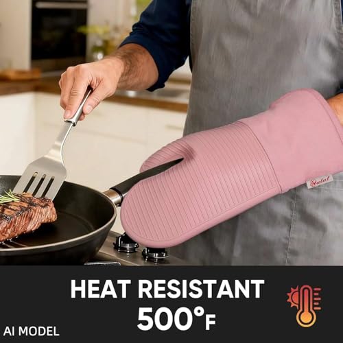 YUTAT Silicone Oven Mitts,High Heat Resistant Up to 500 Degrees,Waterproof Cooking Gloves with Soft Polyester Filling,Kitchen Potholder Set - Perfect for BBQ,Baking and Cooking,Pink,2 Pcs Set - color: Pink-striped Surface, size: 13“L x 7"W-2 Piece