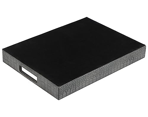 HofferRuffer Rectangle Serving Tray with Hole Handles for Coffee Table, Breakfast, Tea, Food, Butler - Countertop, Kitchen, Vanity Serve Tray, 16.2 x 12.2 x 2 inches, Faux Leather Tray (Dark Grey) - color: Dark Grey
