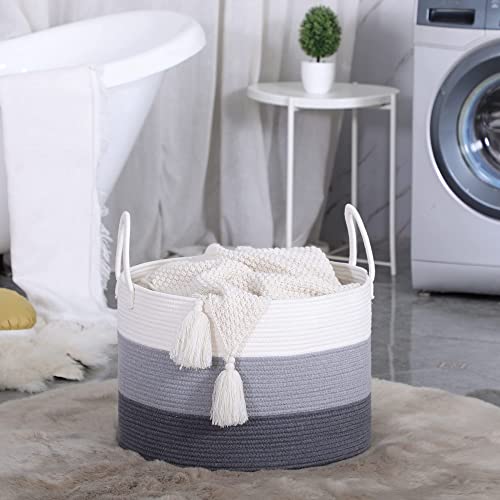 KAKAMAY Large Blanket Basket (20"x13"),Woven Baskets for storage Baby Laundry Hamper,Cotton Rope Blanket Basket for Living Room, Laundry, Nursery, Pillows, Baby Toy chest with Handles (White/Grey) | Extra Large Capacity | Natural Cotton Rope | Blanket Sto