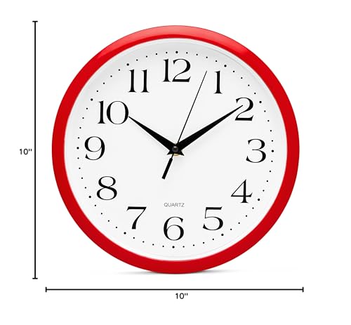 Bernhard Products Red Wall Clock Silent Non Ticking - 12 Inch Quality Quartz Battery Operated Round Easy to Read - color: Red, size: 12 Inch
