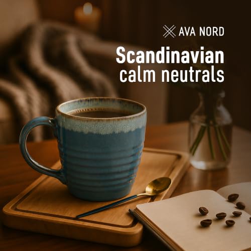 Ava Nord Reactive Glaze Stoneware Ceramic Coffee Mugs 4 Pack - 14oz - Blue | Lead-Free, Non-Toxic, Handcrafted, Coffee Mug Set for Tea Latte Cappuccino Cocoa Hot Chocolate, Microwave & Dishwasher Safe - color: Reactive Glaze - Blue