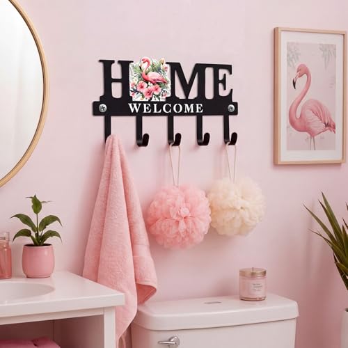 Key Holder Wall Mount Pink Flamingo Metal Key Hooks Organizer with 5 Hooks Rustic Farmhouse Welcome Home Wall Hook Tropical Boho Decor for Entryway Bathroom Living Room 9.8 Inch - style: Pink Flamingo