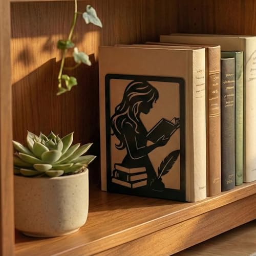 2 Pcs Metal Bookends, Unique Decorative Bookends with Reading Theme Cute Black Book Stopper for Multiple Home Styles Reading Room - style: Reading Girl