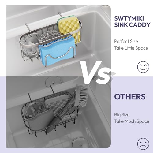 SWTYMIKI Sponge Holder for Kitchen Sink - Movable Kitchen Sink Caddy with M Hook Stainless Steel Hanging Sponges Caddy Organizer in Double Bowl Sinks Depth>3.15in, Middle Divider<1.5in, Sand Nickel L - color: Sand Nickel-large