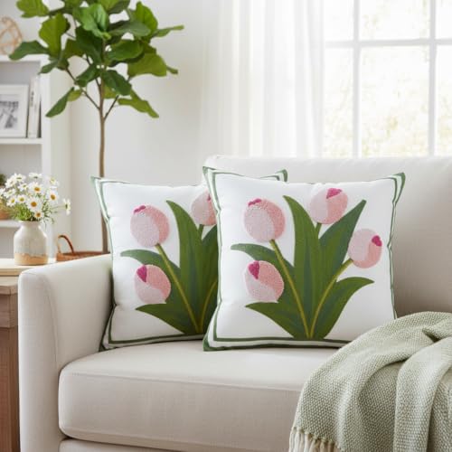 LUOYEHK Embroidered Throw Pillow Covers 18x18 Inch Set of 2 Pink Tulip Flower Spring Pillowcases Farmhouse Floral Square Cushion Covers for Couch Sofa Bed Living Room - color: Pink Tulip