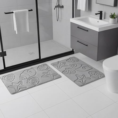 Tinideya Set of 2 Memory Foam Shell Starfish Bath Rugs Sets Ocean Beach Bathroom Mat Soft Absorbent Non Slip Floor Carpet for Coastal Bedroom Living Room Kitchen Entryway Indoor Decorations