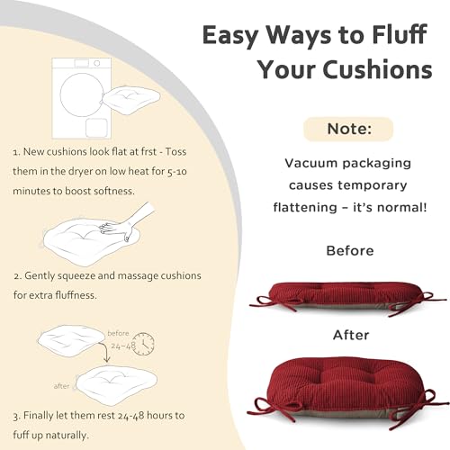 ELFJOY Dining Chair Cushions Set of 2 Non Slip 18"X18"X3" Red | Thick,Textured Fabric, with Ties, Tufted, Large, for Kitchen, Dining Room, Indoor, Bedroom, Living Room, Office, Comfortable - color: Red